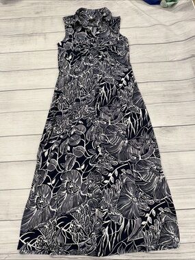 Talbots Petite SP Sleeveless Navy White Floral Maxi Dress Collared
